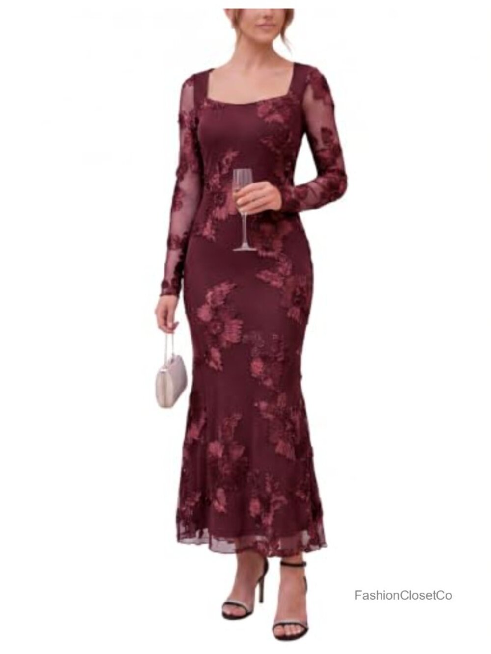 Embroidered Floral Mesh Maxi Bodycon Cocktail Dress Square Neck Long Sleeve